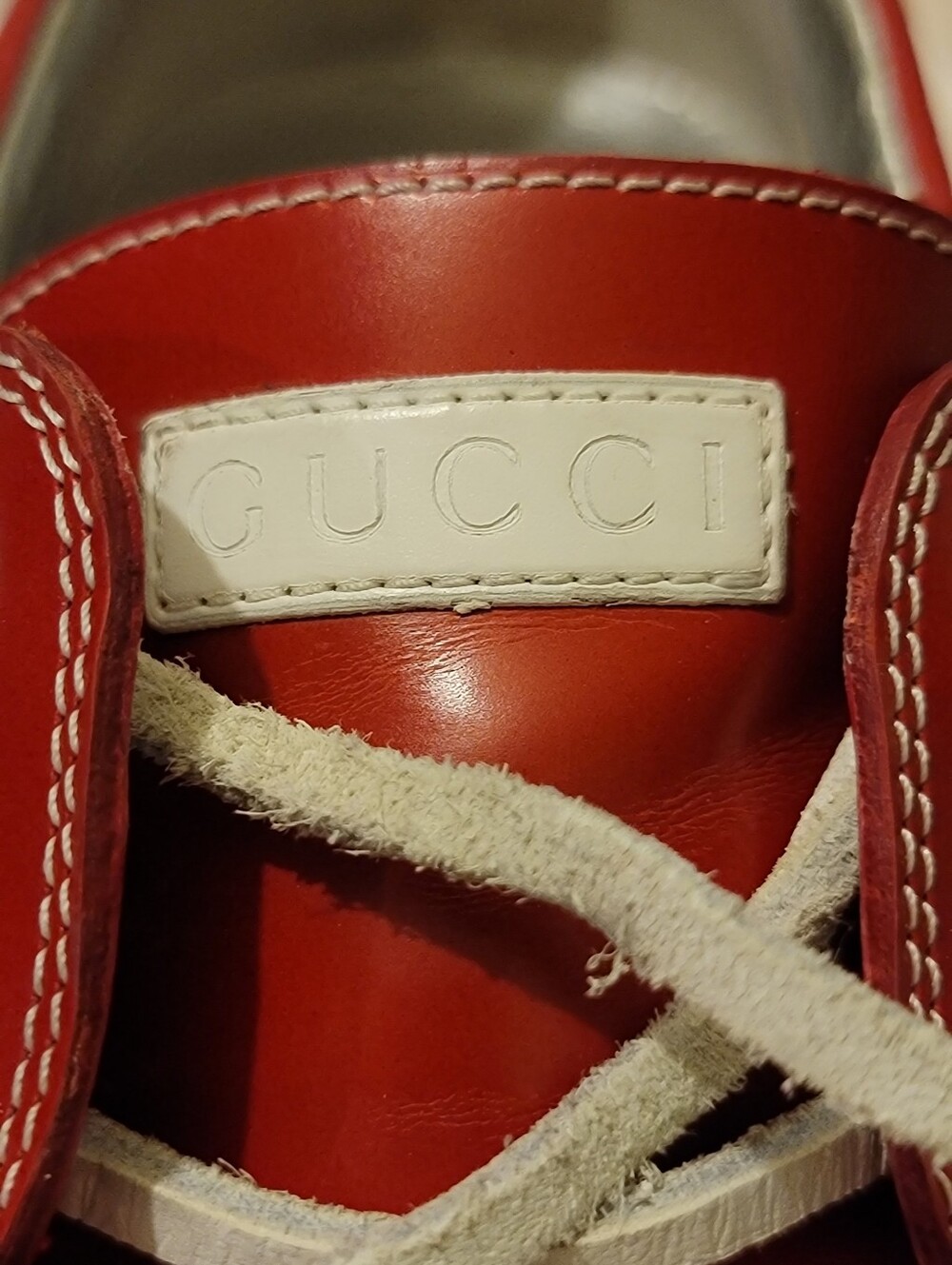 Gucci Red Leather Men's Boat Shoes with Cream and Navy Trim - Picture 9 of 11
